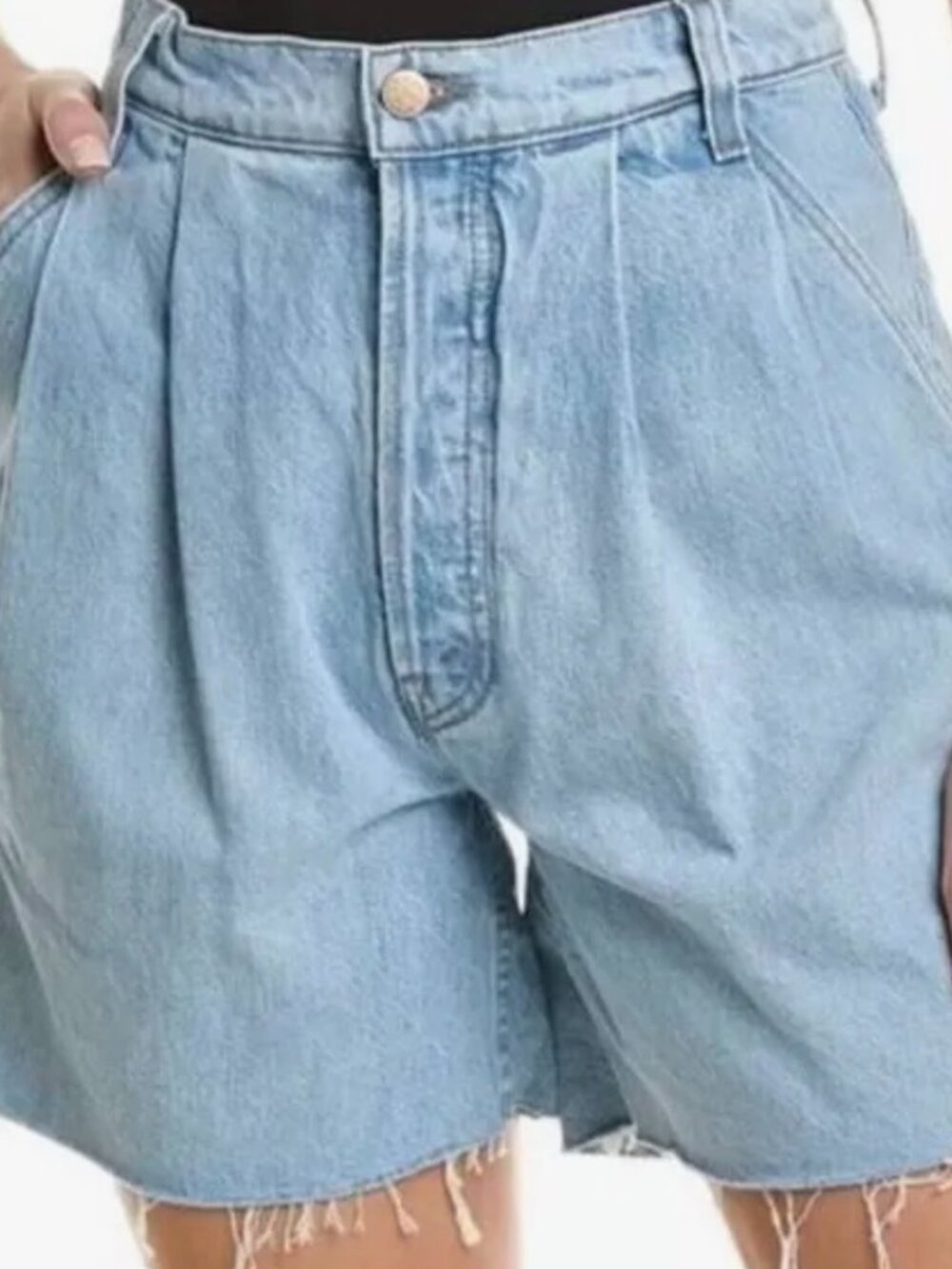 MOTHER Snacks! Fun Dip Double Pleated Fray Shorts- Just a Nibble-29-Light Blue